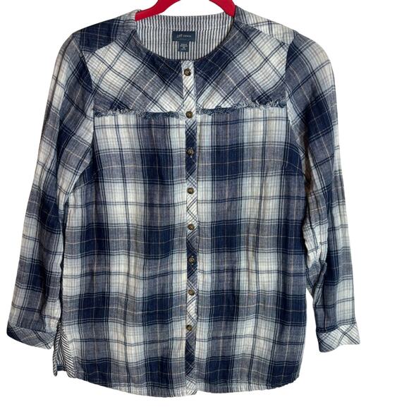 J. Jill Women's Plaid Button Down Fringe Shirt Sz XS Blue Long Sleeve Casual - Picture 1 of 7